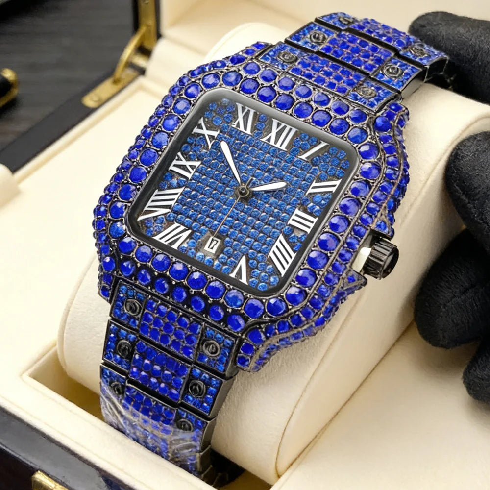 Relógio de quartzo clássico azul e preto cravejado de diamantes para homem.