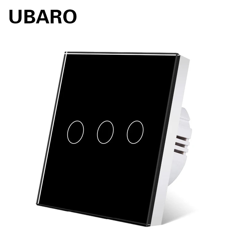 Interruptor de parede tátil UBARO padrão europeu de 3 vias, 220 V, com iluminação LED azul