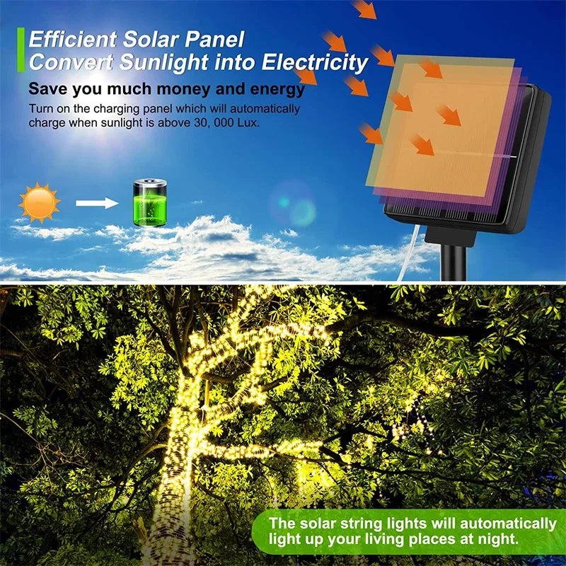 Cordão de luzes LED solares de 7M/12M/22M/32M para caminhos externos