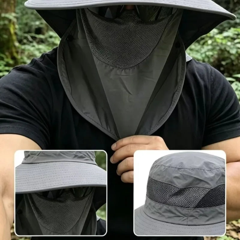 Chapéu de Sol Masculino com Proteção Solar UPF50+ e Cobertura Removível para Rosto e Pescoço para Pesca ao Ar Livre
