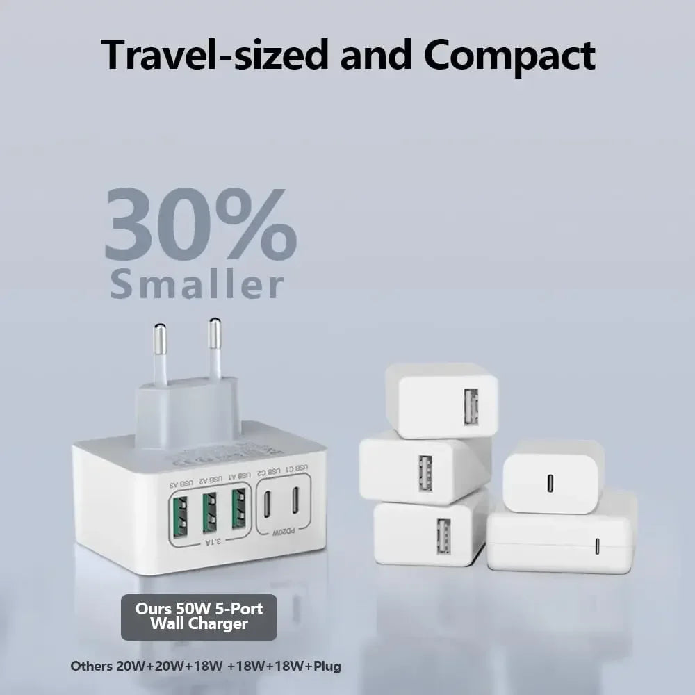 Cargador USB C Carregador Cargador Rapido 50W 5 Portas Bloque de Carga