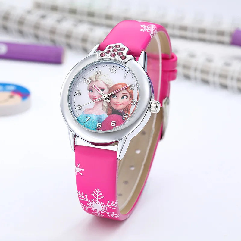 Novo relógio infantil Elsa para meninas, com pulseira de couro, lindo modelo infantil