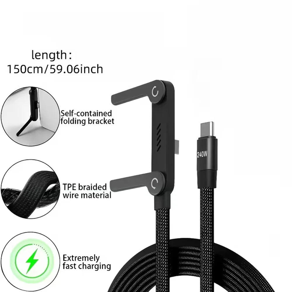 Cabo Tipo-C Rápido 240W em Nylon com Suporte Dobrável Integrado