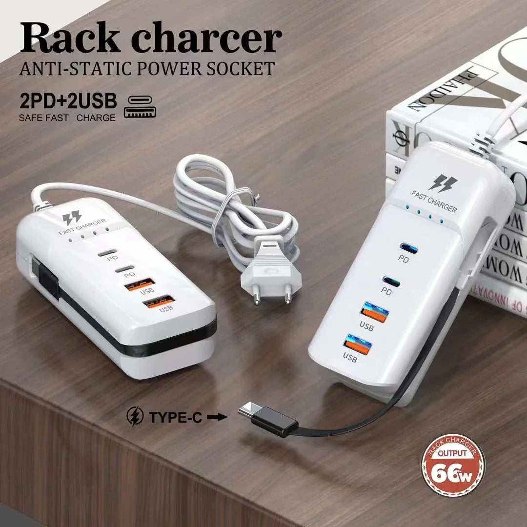 Carregador USB PD Tipo C com carregamento rápido e várias portas para tomada.