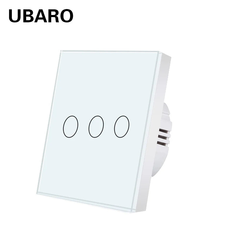 Interruptor de parede tátil UBARO padrão europeu de 3 vias, 220 V, com iluminação LED azul