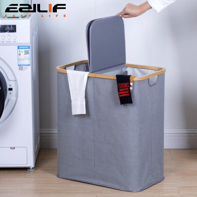 Cesto para roupa suja doméstica com tampa, cesto duplo para guardar roupa…