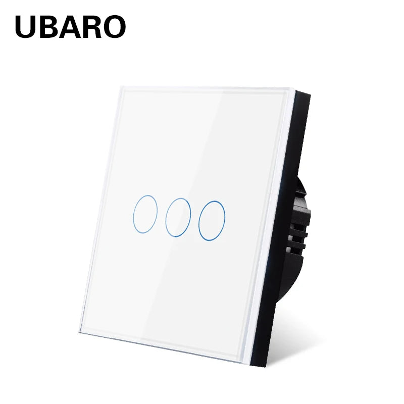 Interruptor de parede tátil UBARO padrão europeu de 3 vias, 220 V, com iluminação LED azul