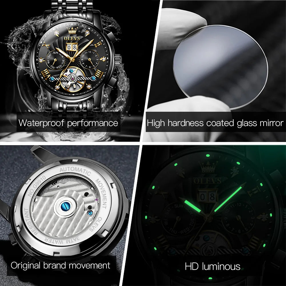 Relógio masculino clássico OLEVS Tourbillon multifuncional totalmente automático