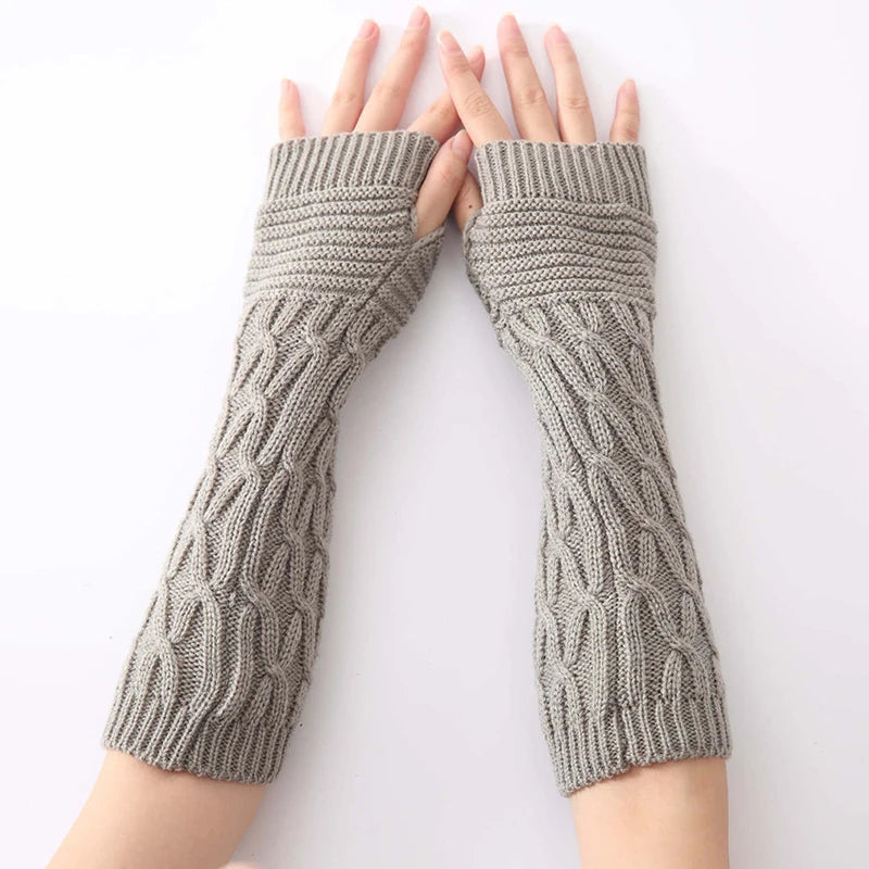 Luvas compridas de tricô femininas, quentes e bordadas, para o inverno