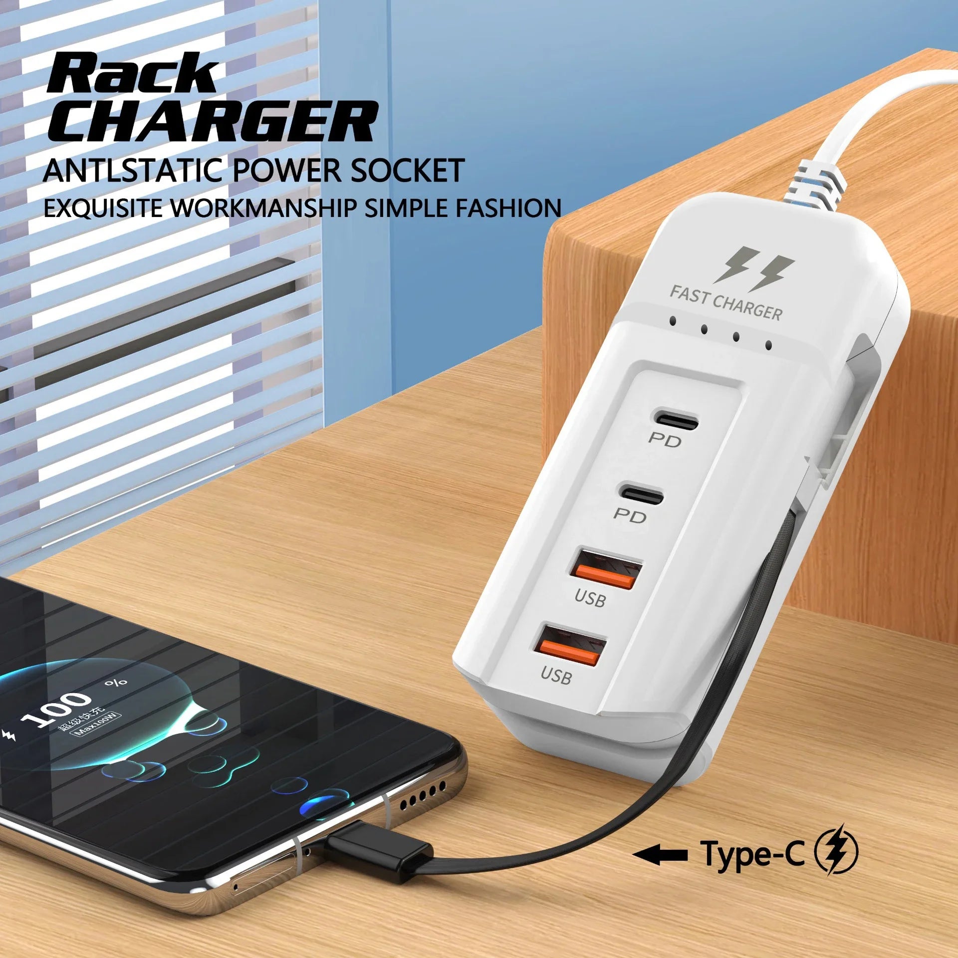 Carregador USB PD Tipo C com carregamento rápido e várias portas para tomada.