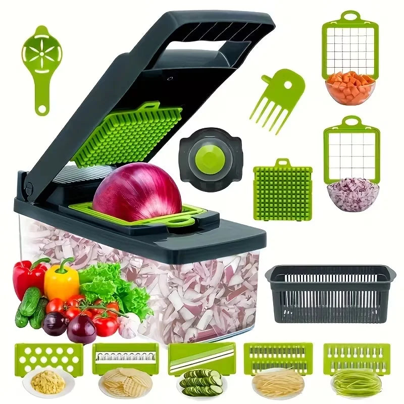 Picador de legumes multifuncional 14 em 1, picador de cebola, com cabo.