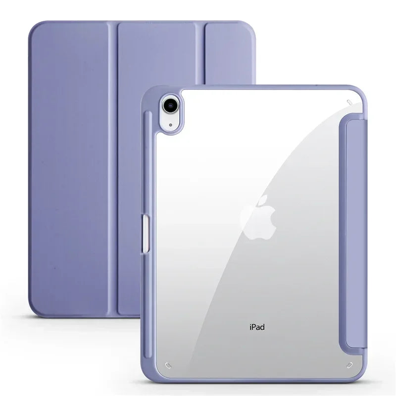Capa para iPad de 10ª geração com suporte para caneta, dobrável em três partes e com parte traseira transparente em acrílico.
