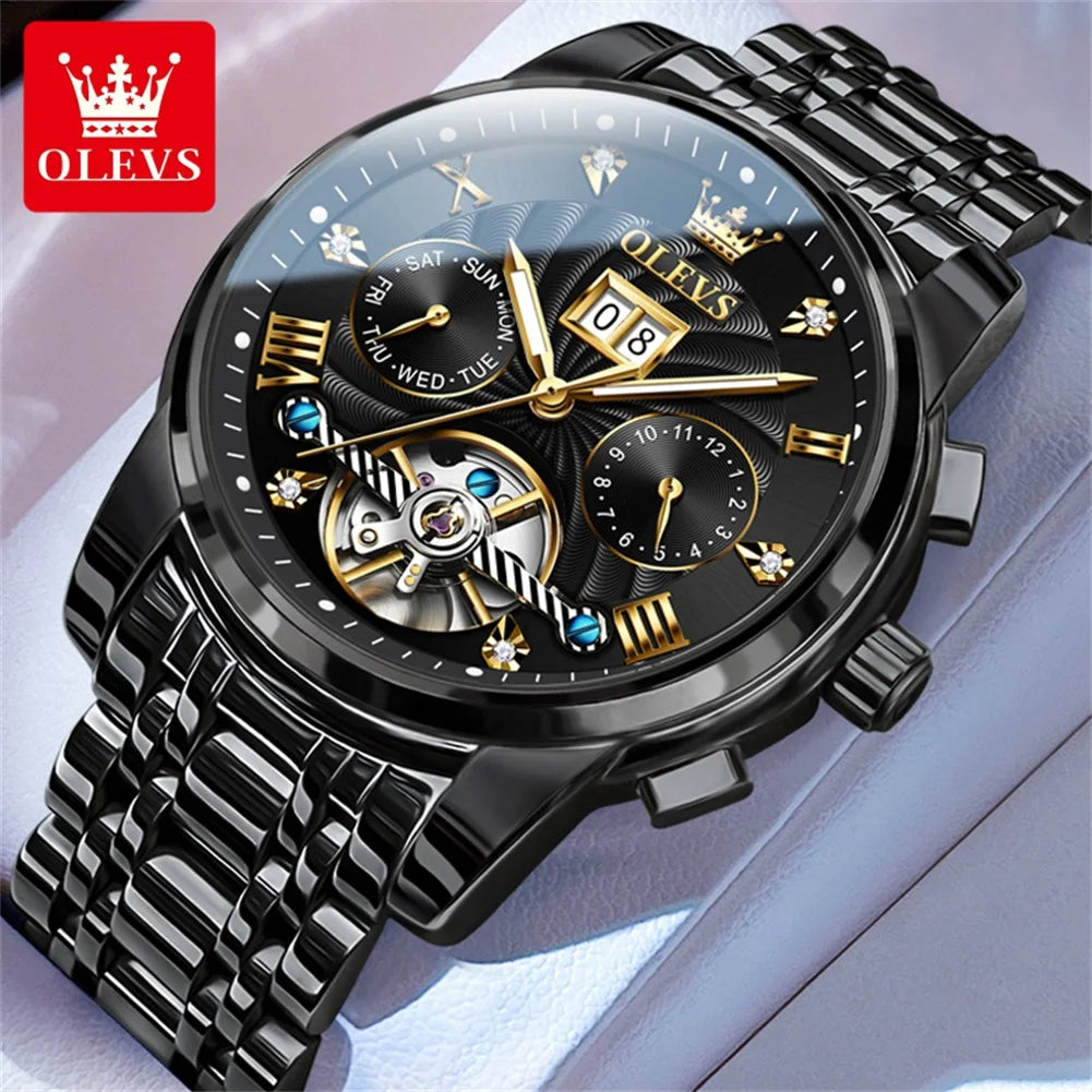 Relógio masculino clássico OLEVS Tourbillon multifuncional totalmente automático