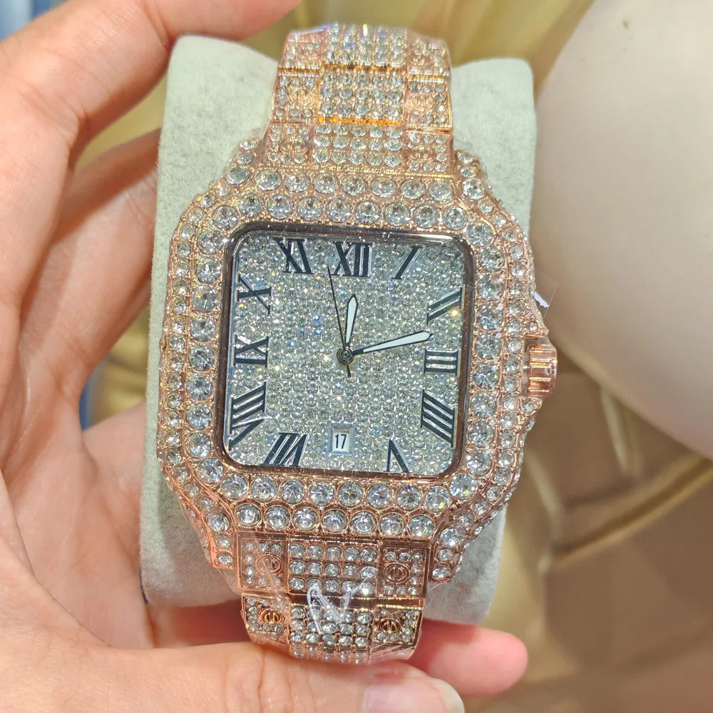 Relógio de quartzo clássico azul e preto cravejado de diamantes para homem.