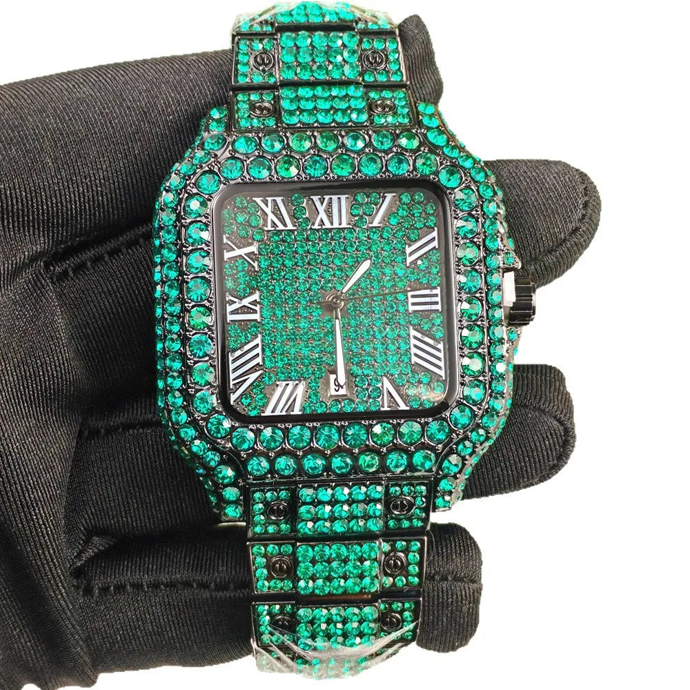 Relógio de quartzo clássico azul e preto cravejado de diamantes para homem.