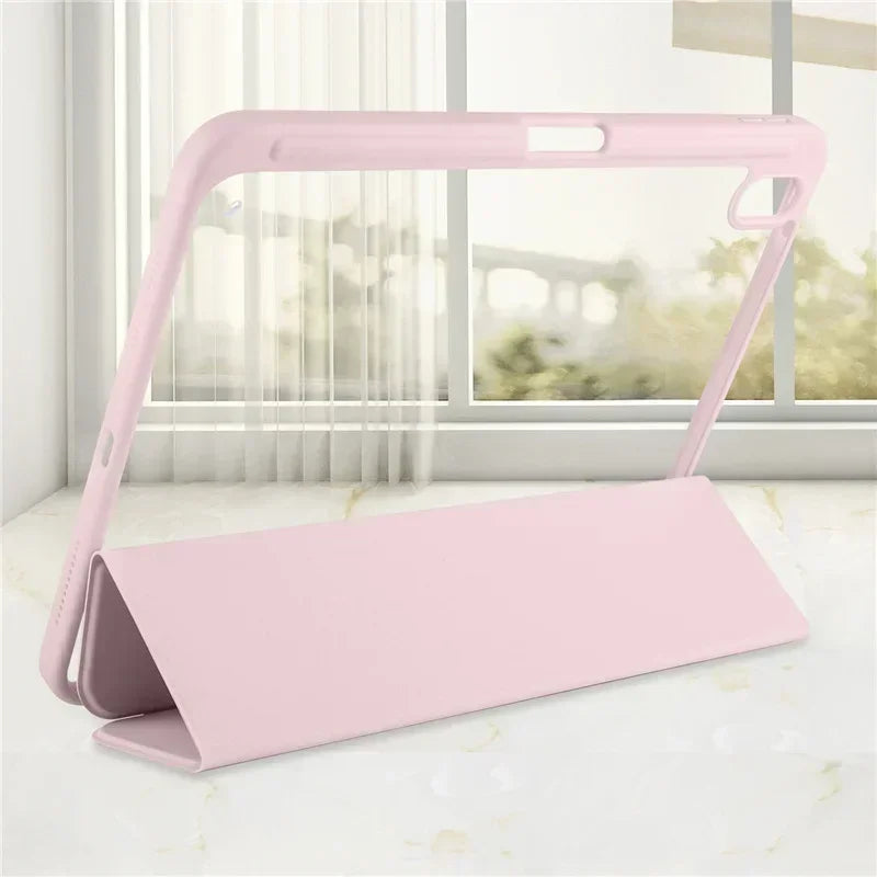 Capa para iPad de 10ª geração com suporte para caneta, dobrável em três partes e com parte traseira transparente em acrílico.