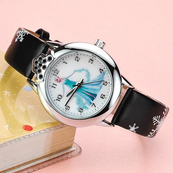 Novo relógio infantil Elsa para meninas, com pulseira de couro, lindo modelo infantil