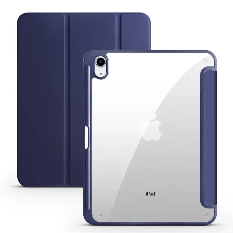 Capa para iPad de 10ª geração com suporte para caneta, dobrável em três partes e com parte traseira transparente em acrílico.