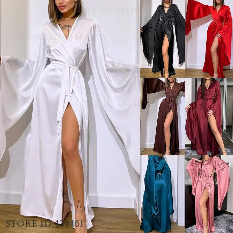Vestido longo de cetim sedoso para casamento, ideal para usar em casa.