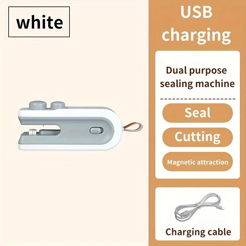 Seladora elétrica de sacos com aquecimento, carregamento USB e atração magnética.