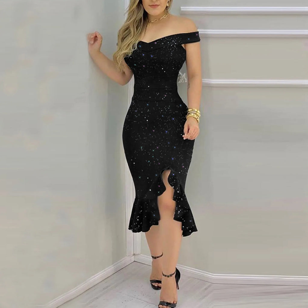Vestido de festa feminino sexy e elegante, com ombros à mostra e lantejoulas