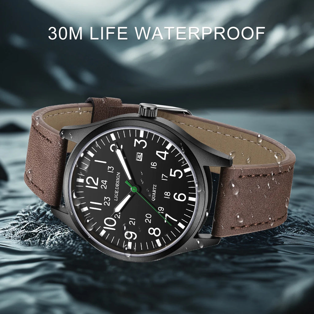 Relógio masculino LIGE, modelo simples e moderno, para uso casual ao ar livre e esportivo, com pulseira de couro.