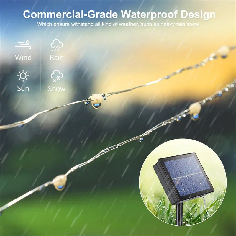 Cordão de luzes LED solares de 7M/12M/22M/32M para caminhos externos