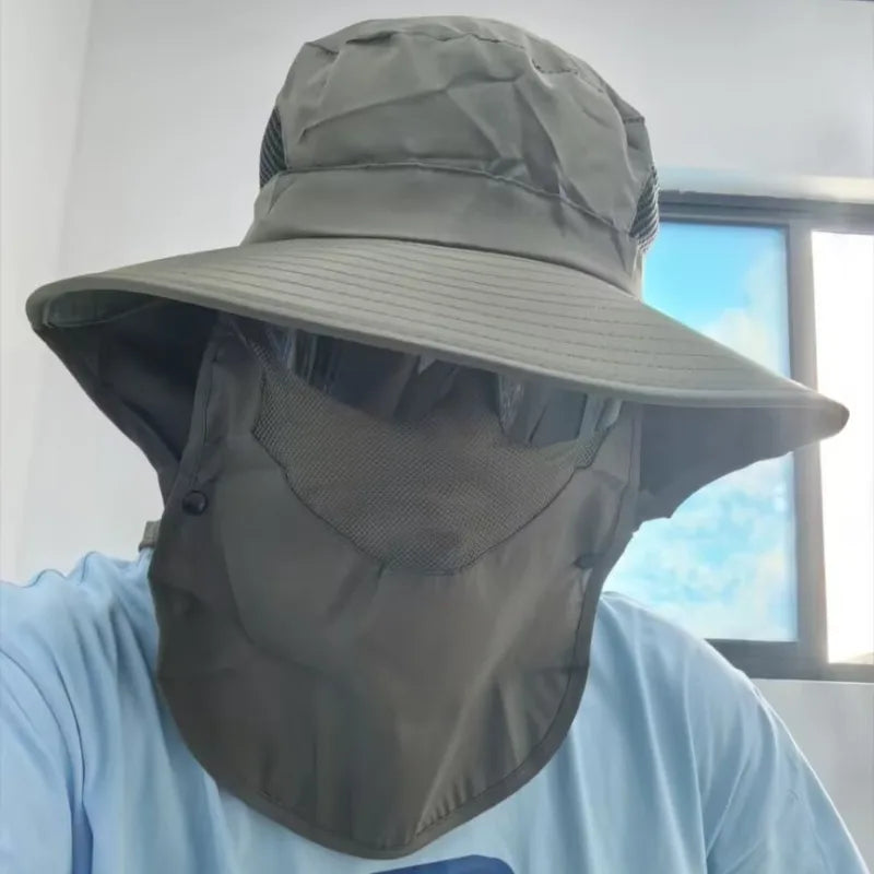 Chapéu de Sol Masculino com Proteção Solar UPF50+ e Cobertura Removível para Rosto e Pescoço para Pesca ao Ar Livre