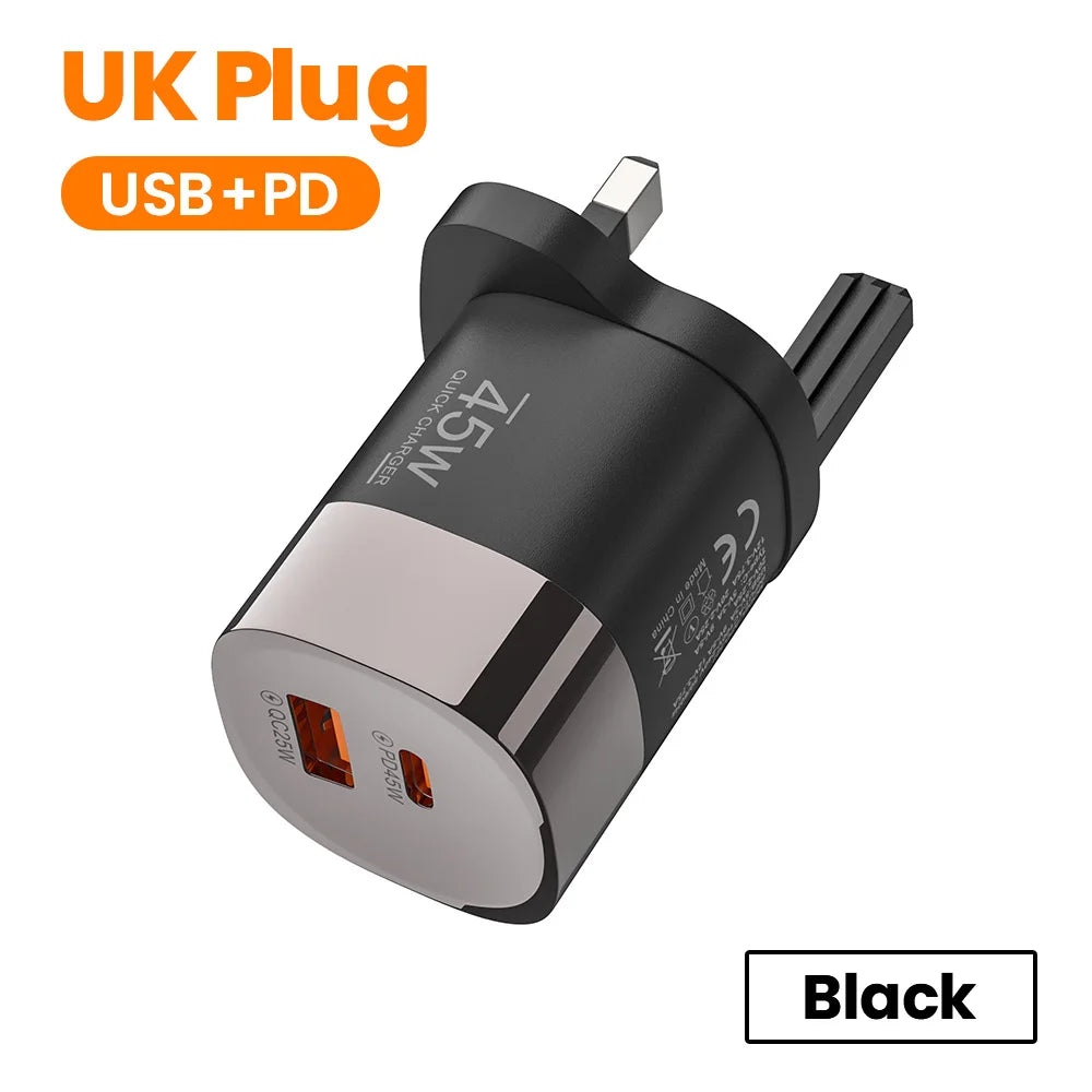 Carregador de parede Elough de 45 W com USB Tipo C e carregamento super rápido de 2 portas.