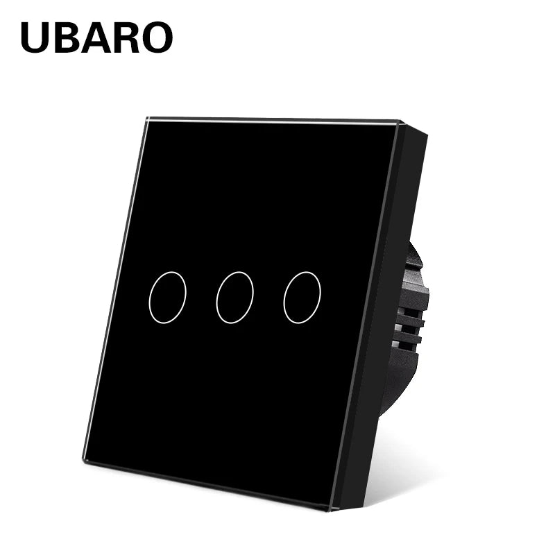 Interruptor de parede tátil UBARO padrão europeu de 3 vias, 220 V, com iluminação LED azul