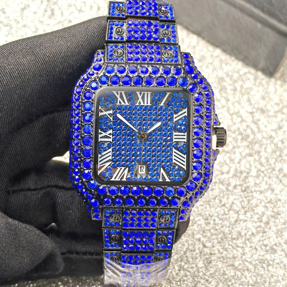 Relógio de quartzo clássico azul e preto cravejado de diamantes para homem.