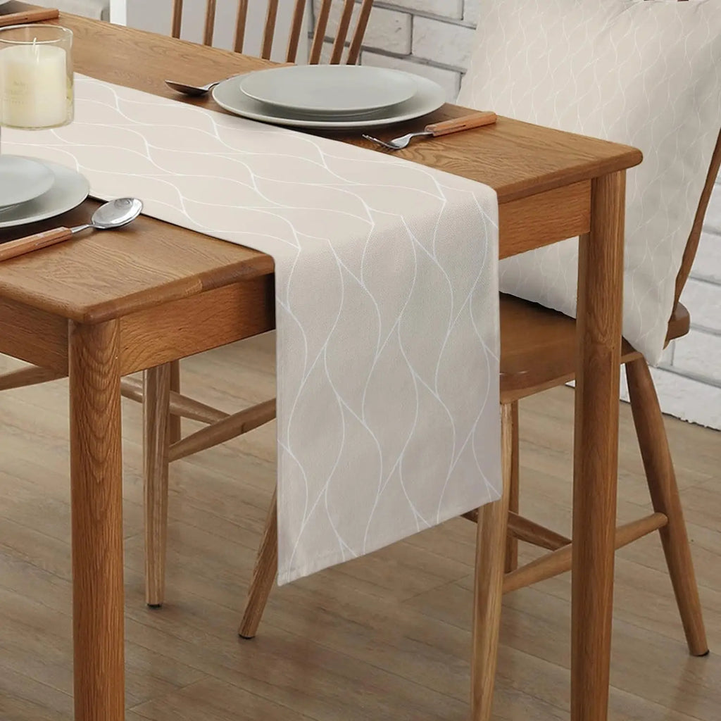 Caminhos de mesa em linho bege, lenço de cômoda moderno com estampa abstrata de ondas e listras