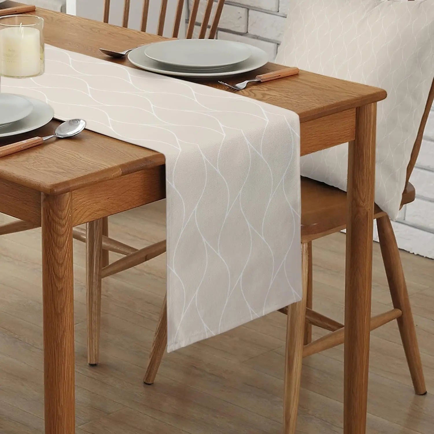 Caminhos de mesa em linho bege, lenço de cômoda moderno com estampa abstrata de ondas e listras