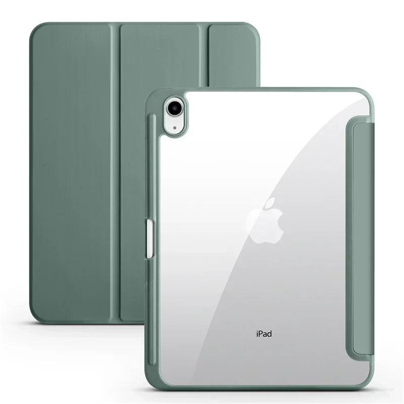 Capa para iPad de 10ª geração com suporte para caneta, dobrável em três partes e com parte traseira transparente em acrílico.